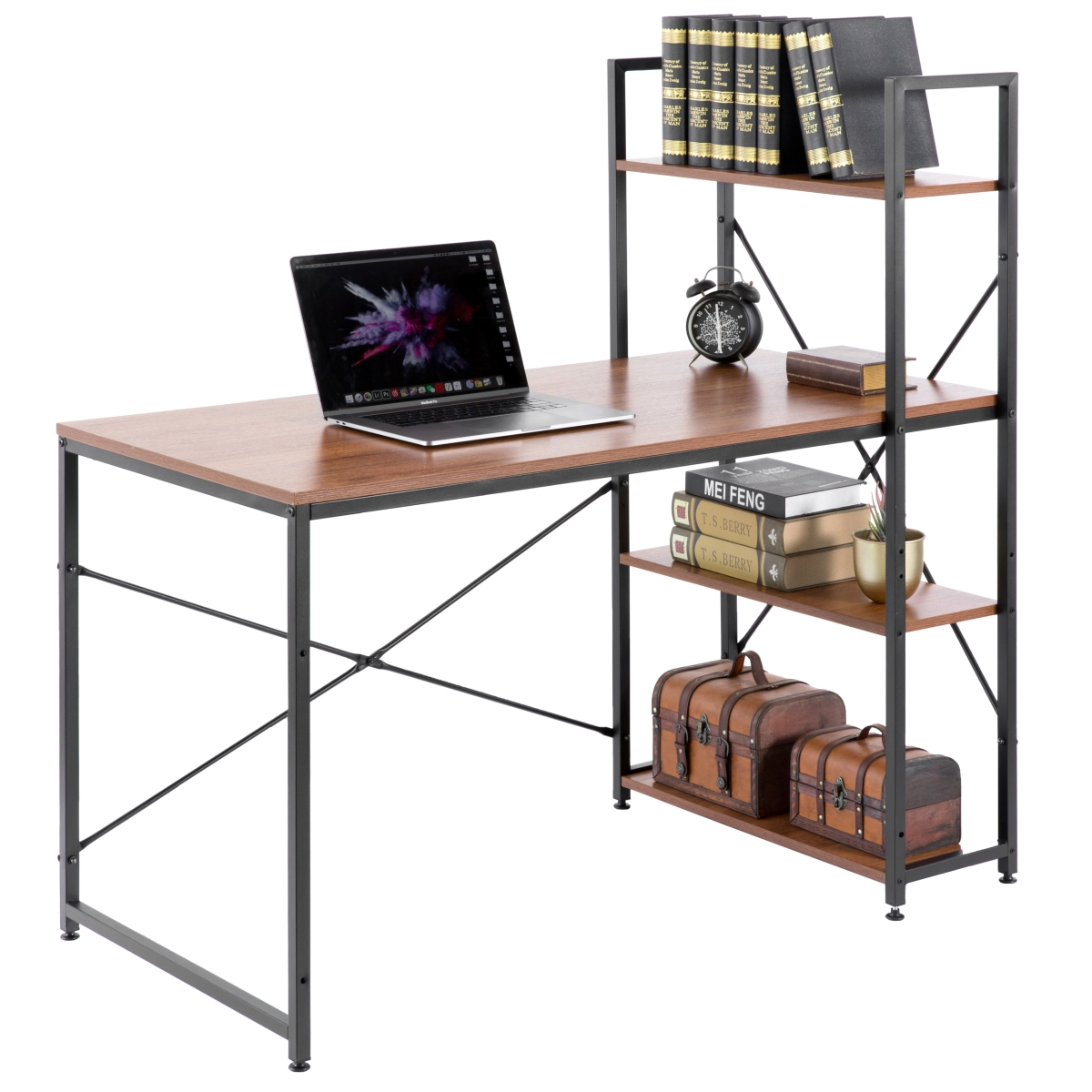 Picture of Basicwise QI003993.CR 48 x 47 x 25.5 in. Wood & Metal Industrial Home Office Computer Desk with Bookshelves&#44; Cherry - Rectangle