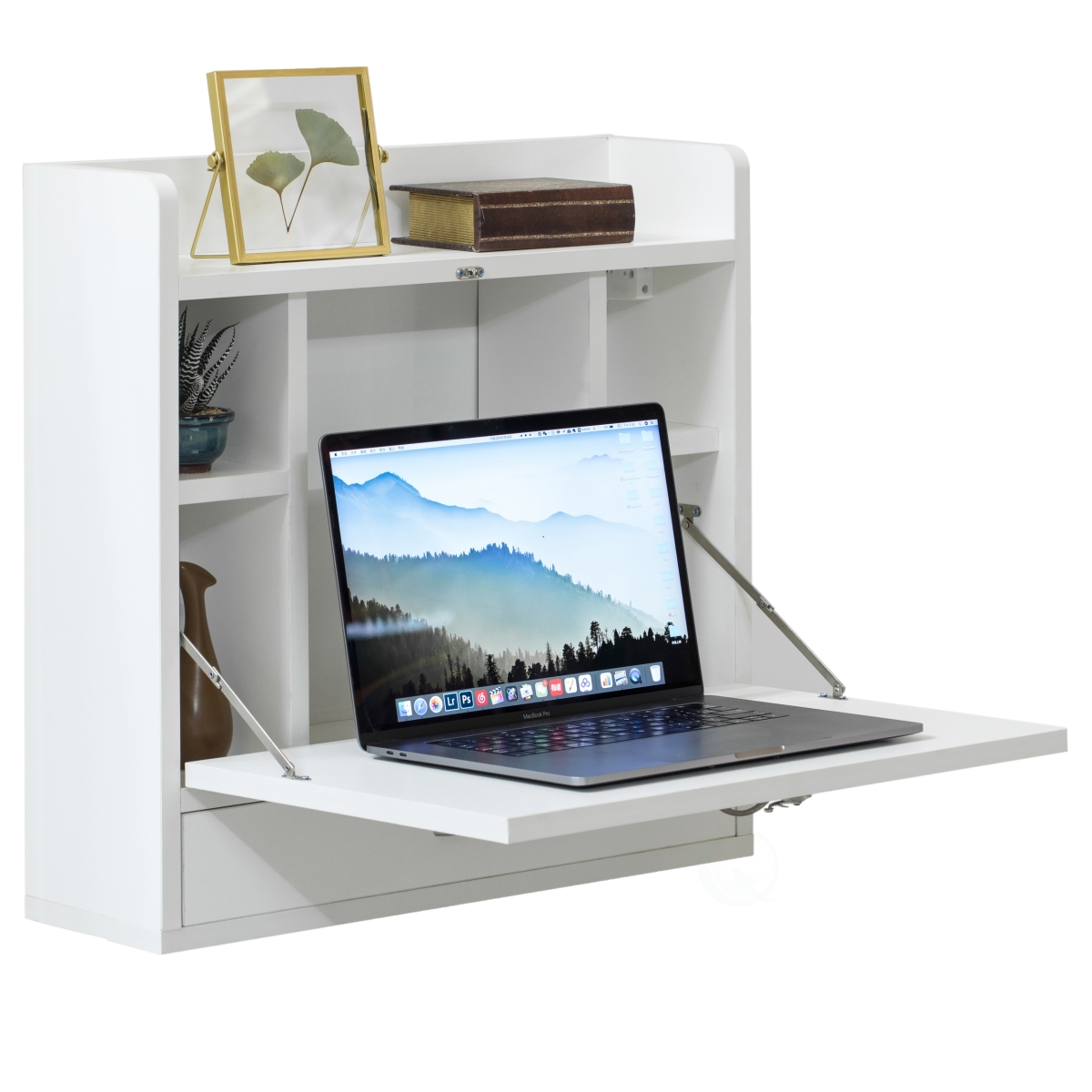 Picture of Basicwise QI004015.WT 23 x 6.75 x 23.75 in. Wall Mount Folding Laptop Writing Computer & Makeup Desk with Storage Shelves & Drawer&#44; White - Rectangle