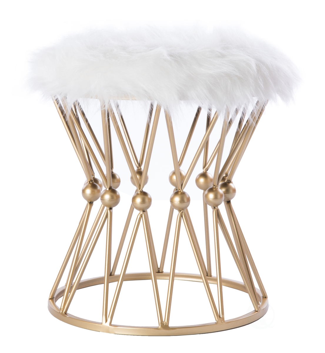 18 x 17 x 17 in. Round Metal Stool with White Fur Top, Gold