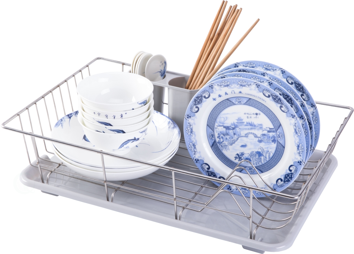 Picture of Basicwise QI003574 4.75 x 18.75 x 11.75 in. Stainless Steel Dish Rack with Plastic Drain Board & Utensil Cup&#44; Grey