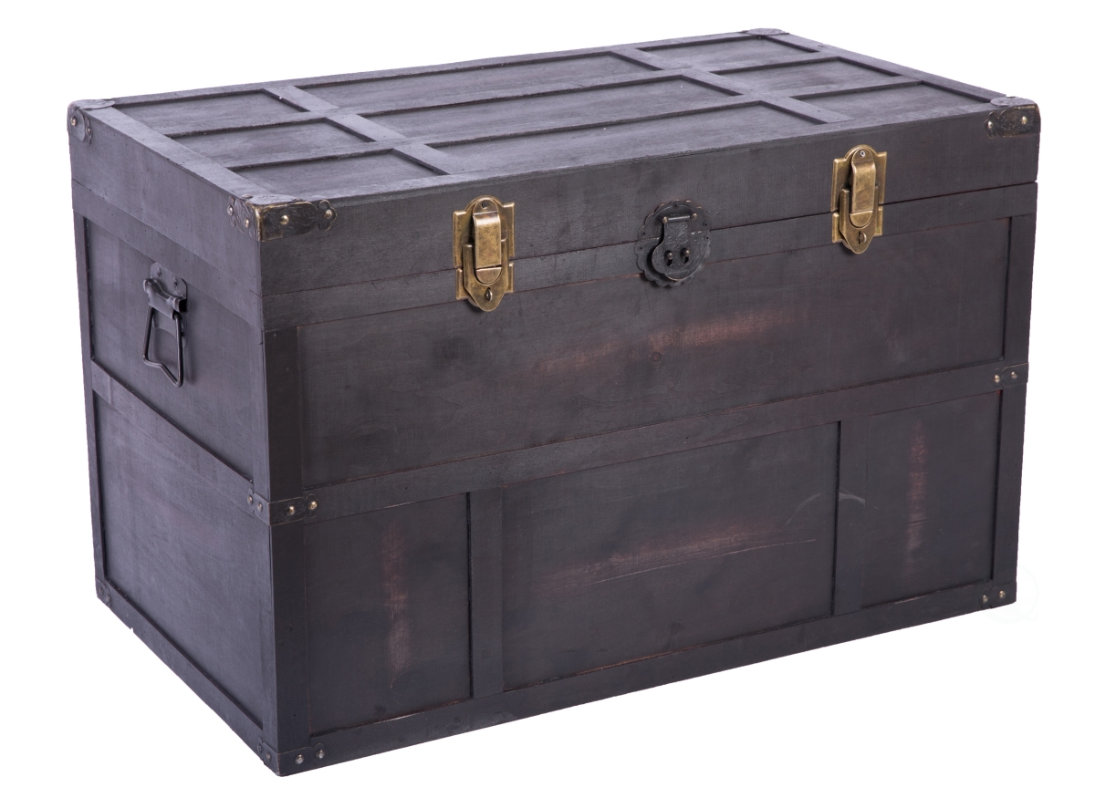 Antique Dark Wooden Storage Trunk with Lockable Latch, Black - Large