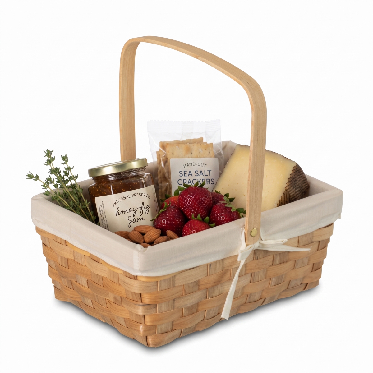 12 in. Rectangular Woodchip Lined Picnic Basket with White Fabric