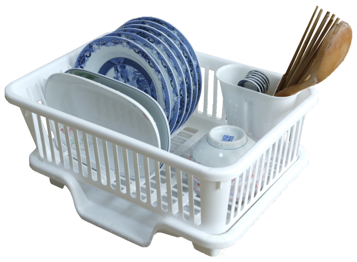 Picture of Basicwise QI003240 7.5 x 17.5 x 12.5 in. Plastic Dish Rack with Drain Board & Utensil Cup&#44; White