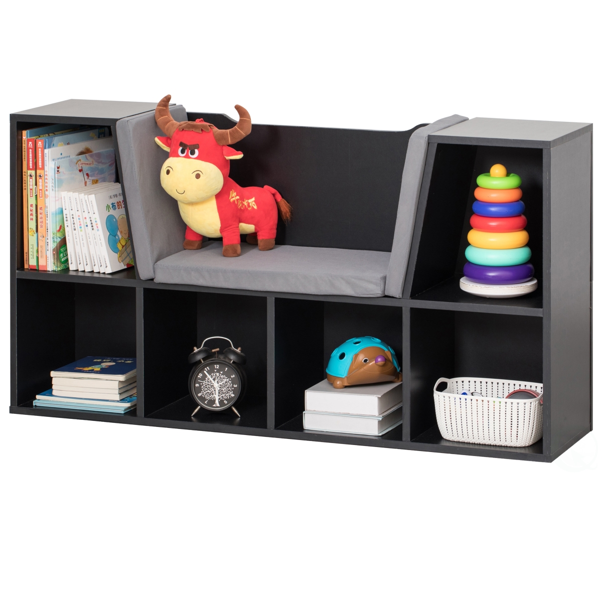 Picture of Basicwise QI004152.BK 24 x 44 x 11 in. Modern Multi-Purpose Bookshelf with Storage Space & Cushioned Reading Nook&#44; Black & Gray