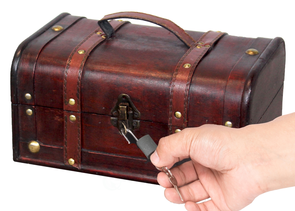 11 x 7 x 5.5 in. Decorative Vintage Wood Treasure Box with Handle & Small Padlock, Brown