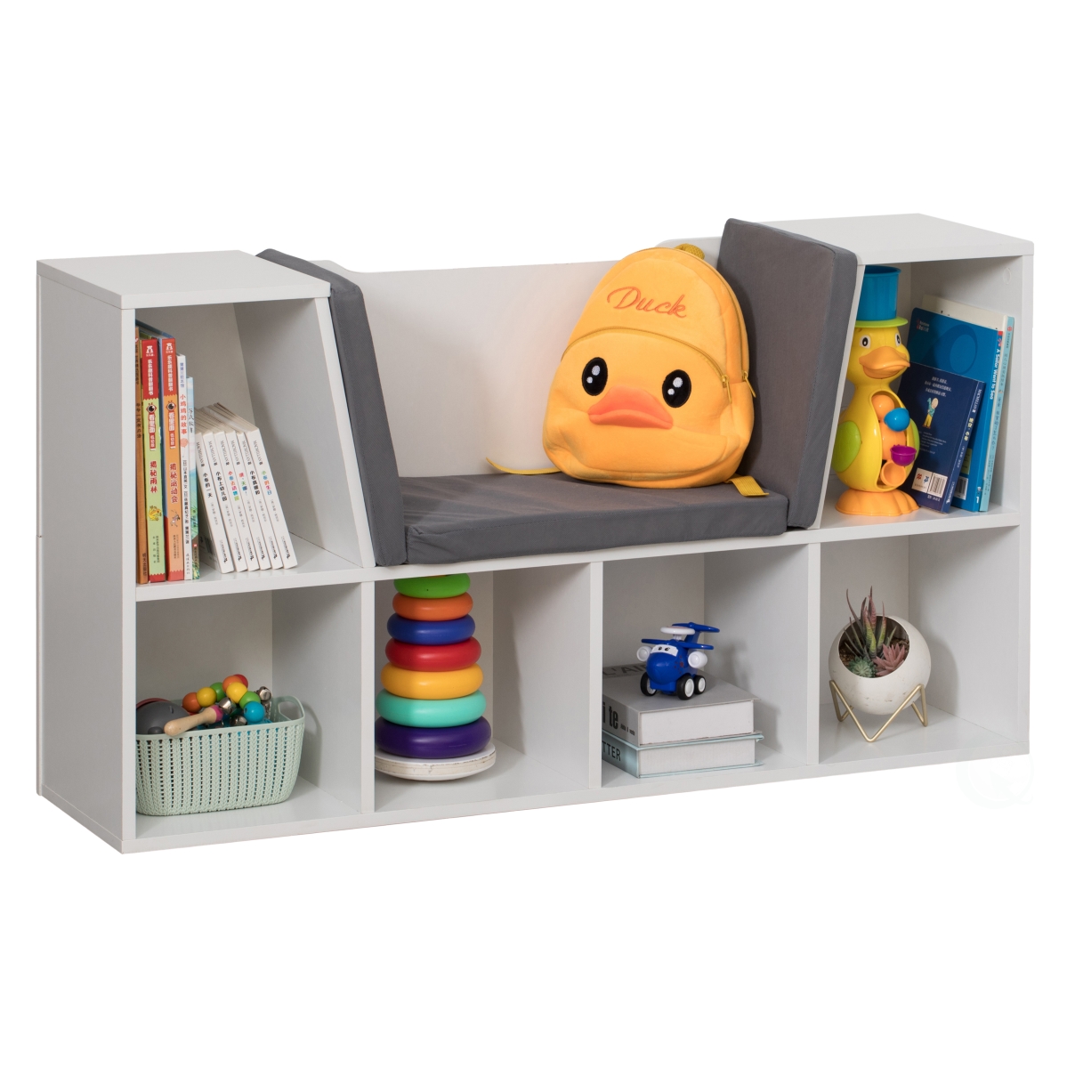 Picture of Basicwise QI004152.WT 24 x 44 x 11 in. Modern Multi-Purpose Bookshelf with Storage Space & Cushioned Reading Nook&#44; White & Gray