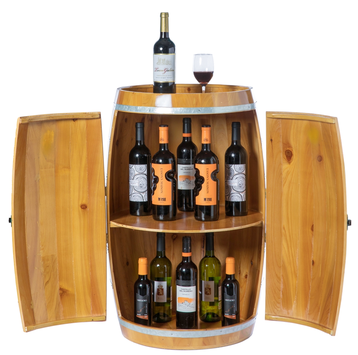 21 x 32 in. Wooden Wine Barrel Shaped Wine Holder Bar Storage Lockable Storage Cabinet, Brown -  KD Marco de la cama, KD3720679