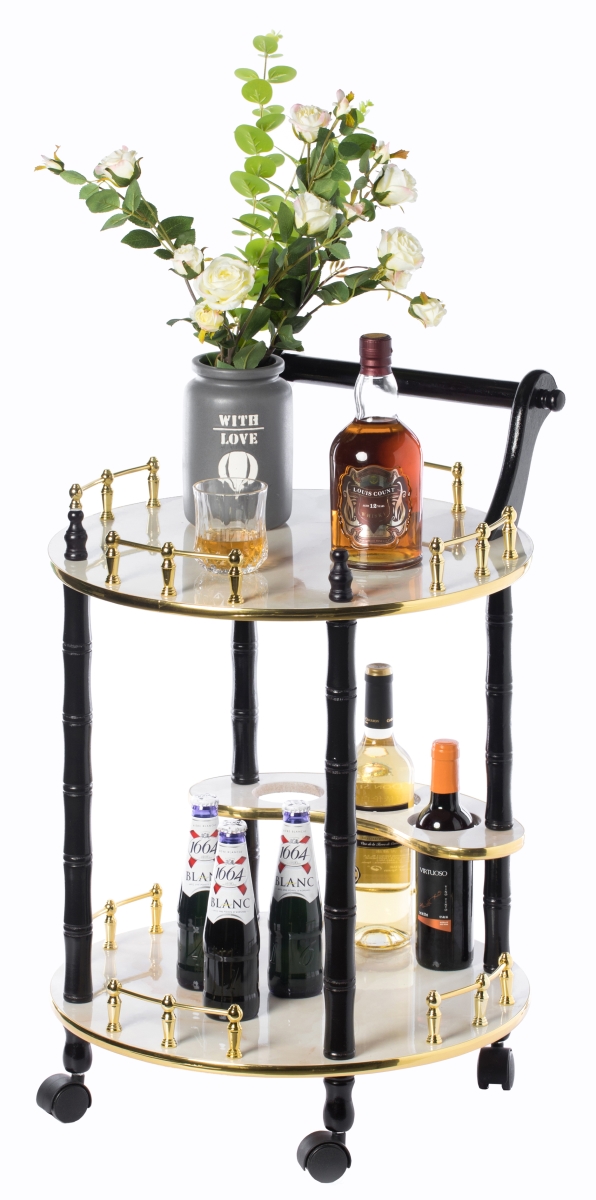 Picture of Fabulaxe QI003779.WT 19 x 30 in. Round Wood Serving Bar Cart Tea Trolley with 2 Tier Shelves & Rolling Wheels&#44; Gold&#44; Black & White