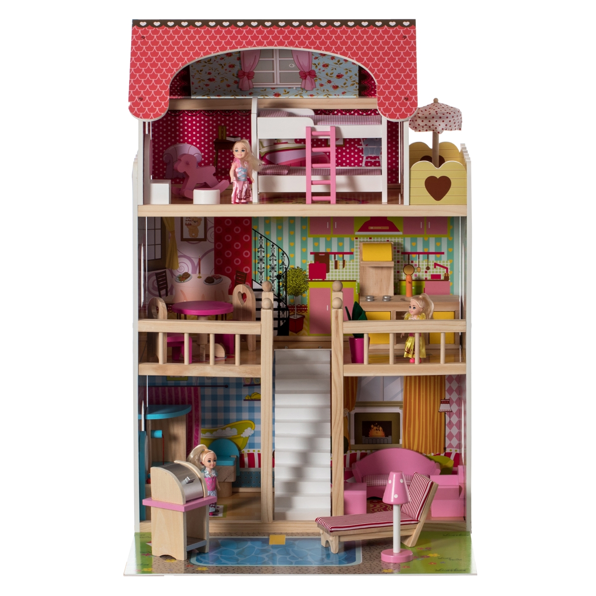 Picture of Gardenised QI004210 Wooden Doll House with Toys & Furniture Accessories with LED Light