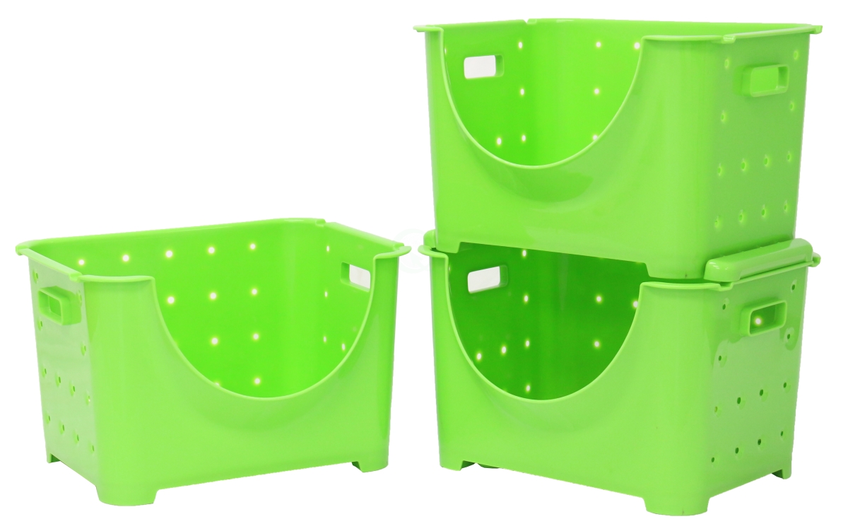 Stackable Plastic Storage Container, Green - Set of 3