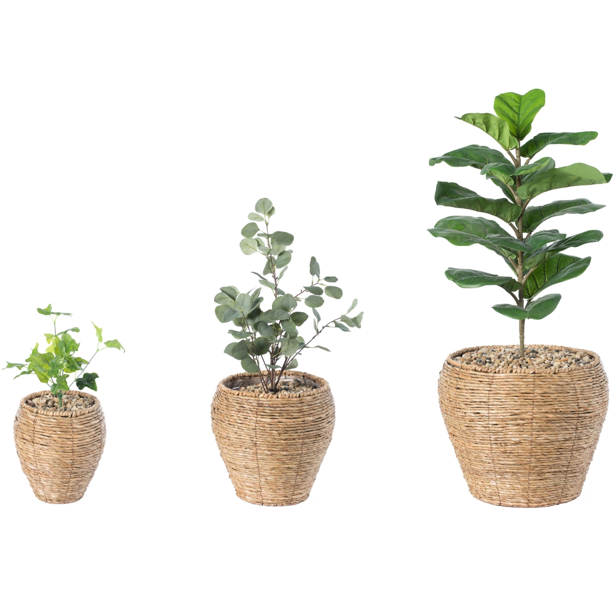 QI003832.3 Woven Round Flower Pot Planter Basket with Leak-Proof Plastic Lining - Set of 3