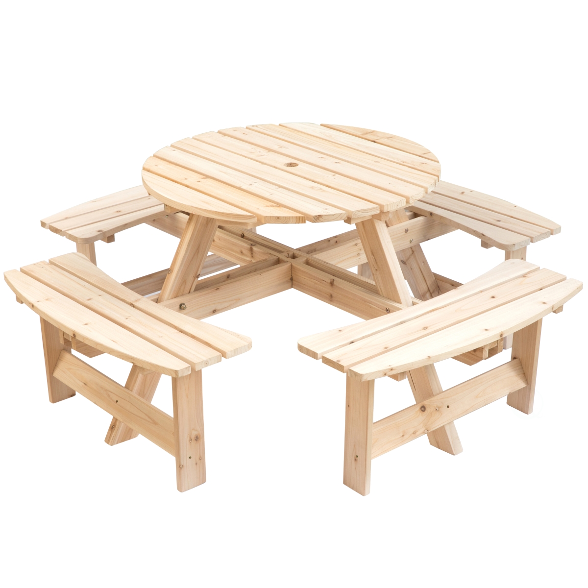Wooden Outdoor Patio Garden Round Picnic Table with Bench, 8 Person, Natural