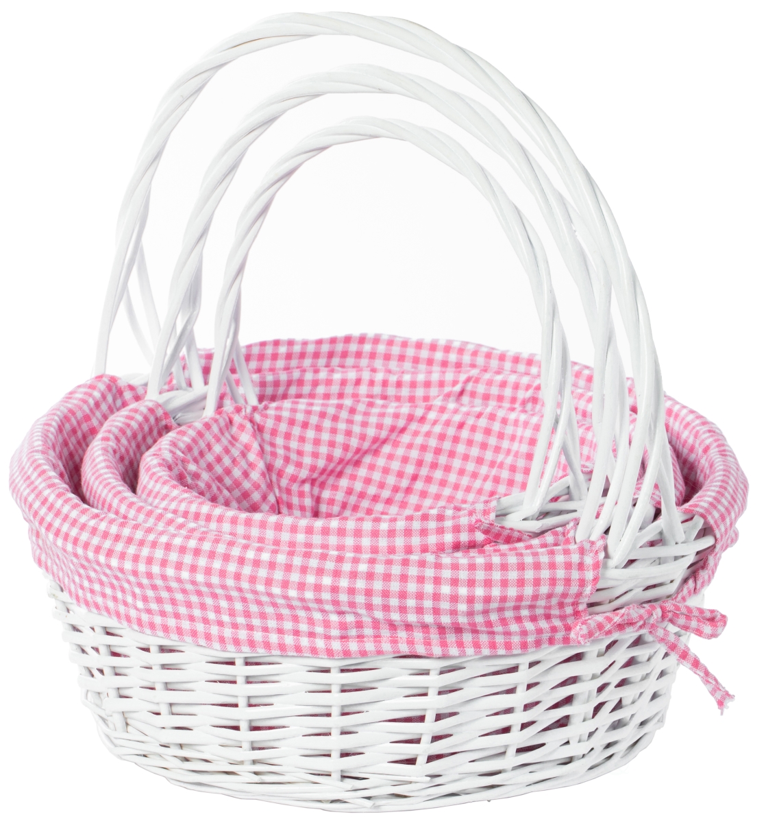 Picture of Vintiquewise QI003820PK.3 15.5 x 16.75 in. Round Willow Gift Basket with Pink Gingham Liner & Handle, White - Set of 3