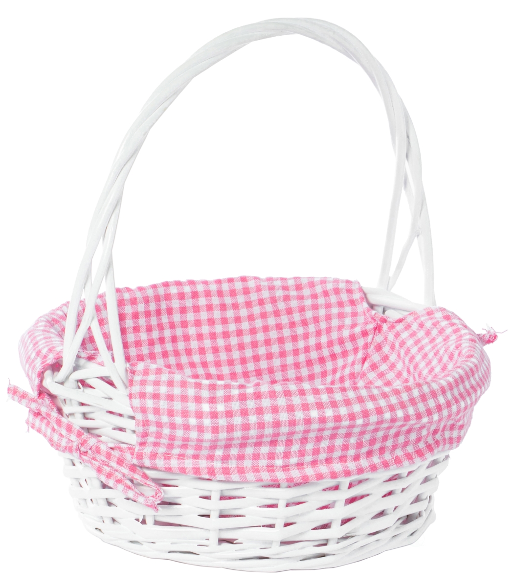 Picture of Vintiquewise QI003820PK.S 11.25 x 13 in. Round Willow Gift Basket with Pink Gingham Liner & Handle, White - Small