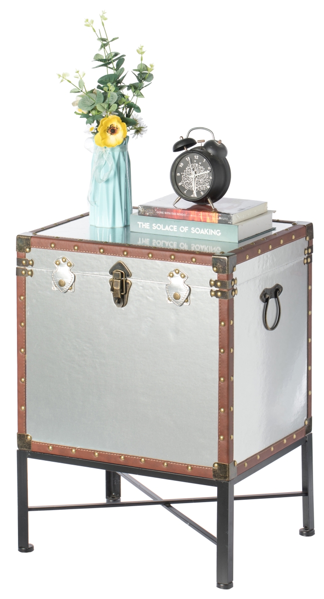 25 x 18 x 14.5 in. Trimmed Faux Leather Lockable Square Lined Storage Trunk on Metal Stand, Silver & Brown