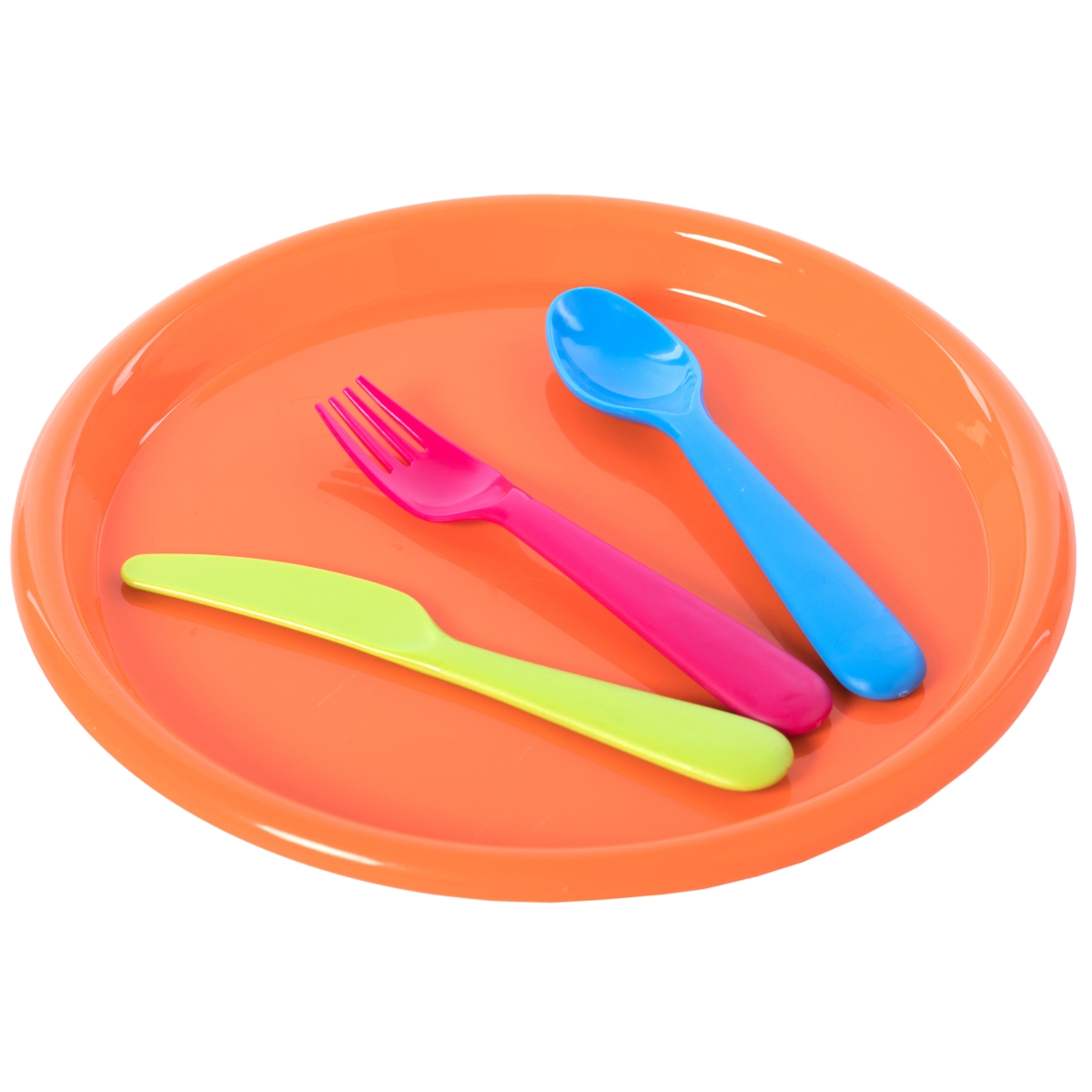 Picture of Basicwise QI003831.4 0.75 x 10 x 10 in. Reusable Cutlery Plastic Plates&#44; Spoons&#44; Forks & Knives for Baby & Toddlers&#44; Green - Pink - Blue & Orange - Set of 4