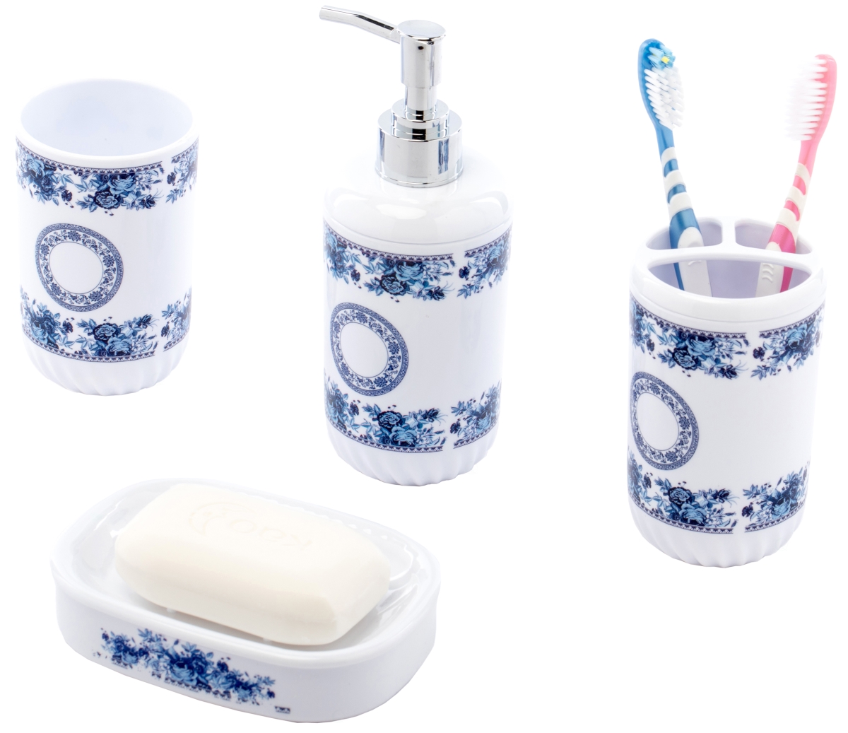 Picture of Basicwise QI003263.WT 5.5 x 0.71 x 6.5 in. Bathroom Accessory Set, White - Soap Dispenser - Toothbrush Holder -Tumbler - Soap Dish - 4 Piece