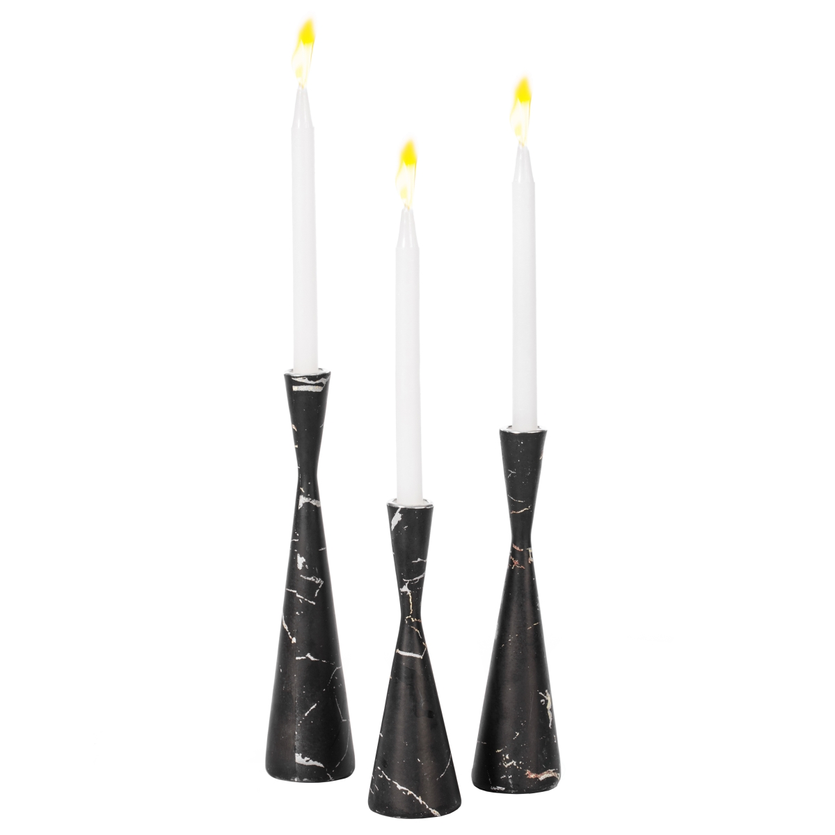 2 x 10 in. Decorative Resin Taper Marble Design Modern Candlesticks, Black - Set of 3