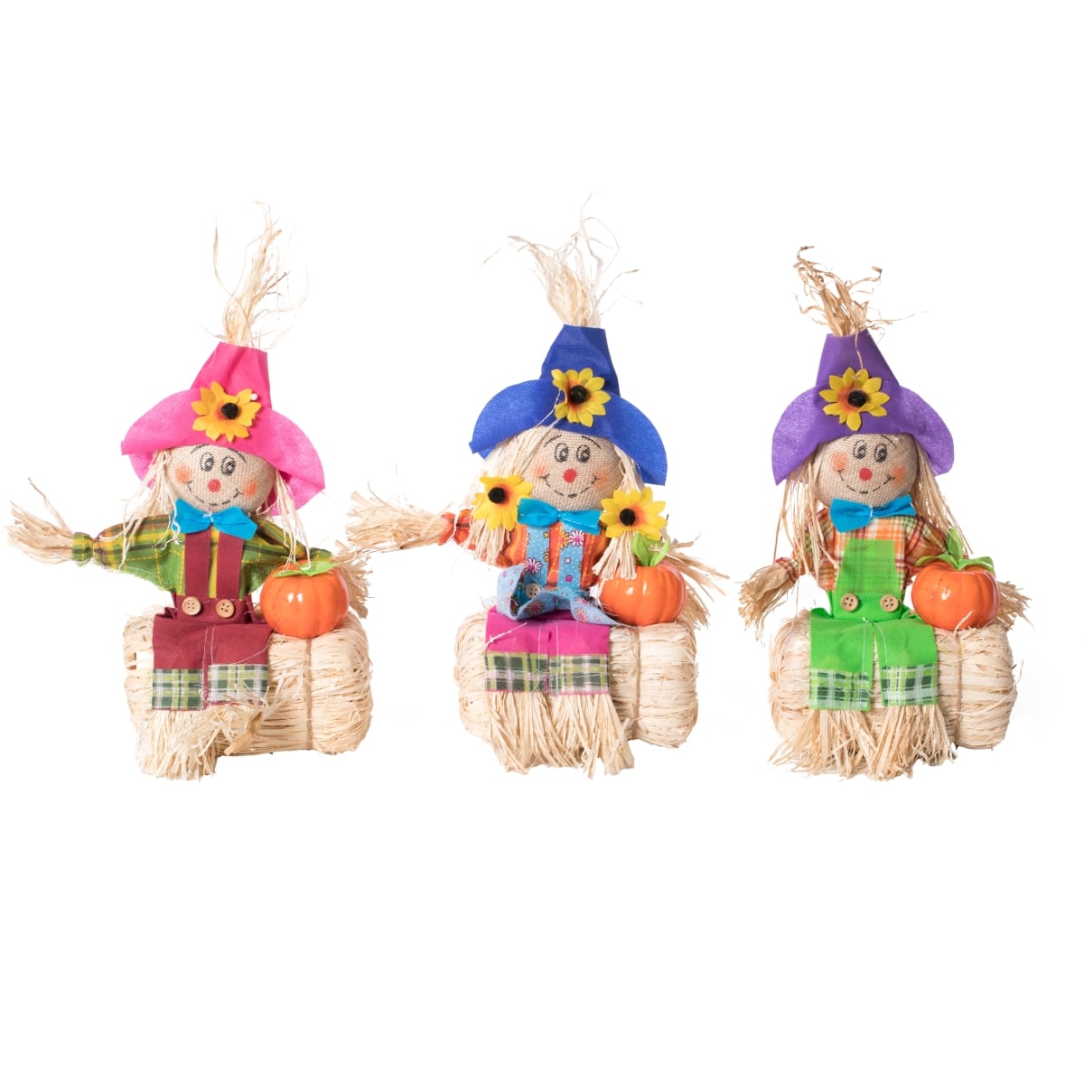 13.25 x 7 x 3.5 in. Outdoor Fall Decor Halloween Scarecrow Ornament Sitting on Hay Bale for Garden, Multi Color - Set of 3