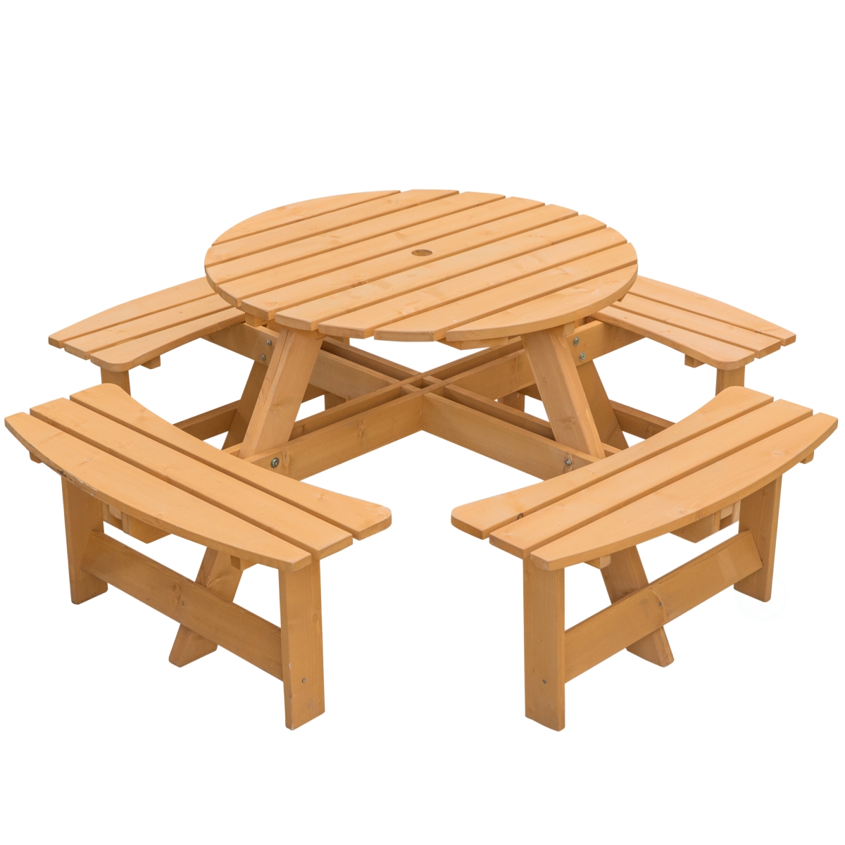 Wooden Outdoor Patio Garden Round Picnic Table with Bench, 8 Person, Stained