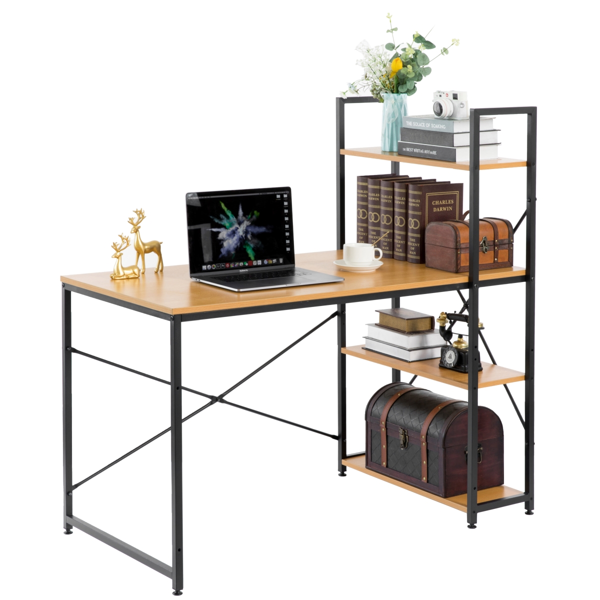 Picture of Basicwise QI003993.NC 48 x 47 x 25.5 in. Wood & Metal Industrial Home Office Computer Desk with Bookshelves&#44; Natural - Rectangle