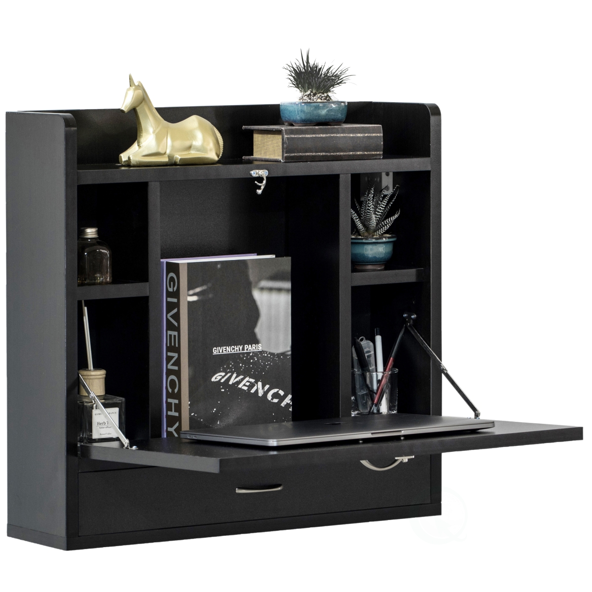 Picture of Basicwise QI004015.BK 23 x 6.75 x 23.75 in. Wall Mount Folding Laptop Writing Computer & Makeup Desk with Storage Shelves & Drawer&#44; Black - Rectangle