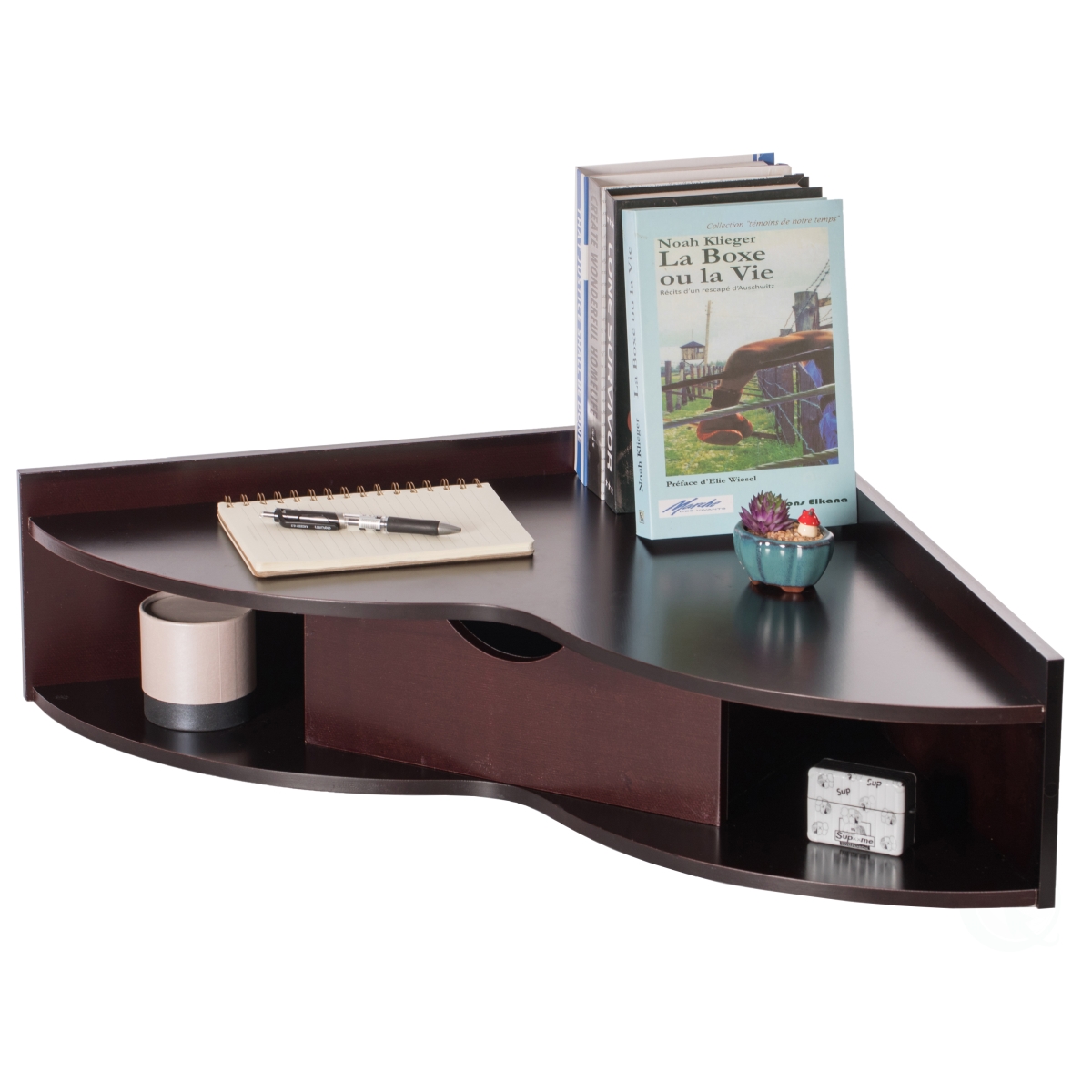 Picture of Basicwise QI004024.BN 7 x 33 x 23.5 in. Corner Desk Heart Shaped Wall Mounted Office Table with Drawer & Two Shelves Computer Writing Desk&#44; Brown