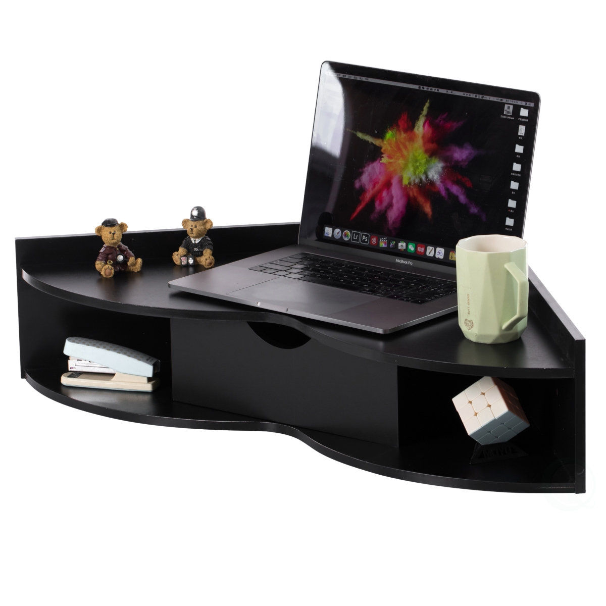 Picture of Basicwise QI004024.BK 7 x 33 x 23.5 in. Corner Desk Heart Shaped Wall Mounted Office Table with Drawer & Two Shelves Computer Writing Desk&#44; Black