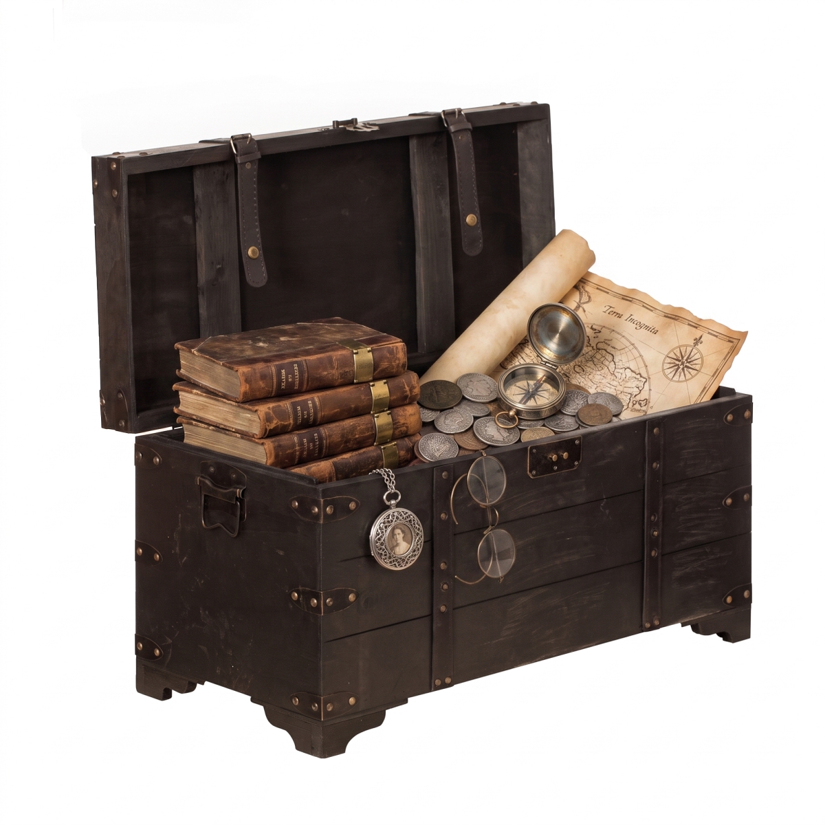 13.75 x 25.5 x 12 in. Distressed Wooden Storage Trunk, Black - Medium