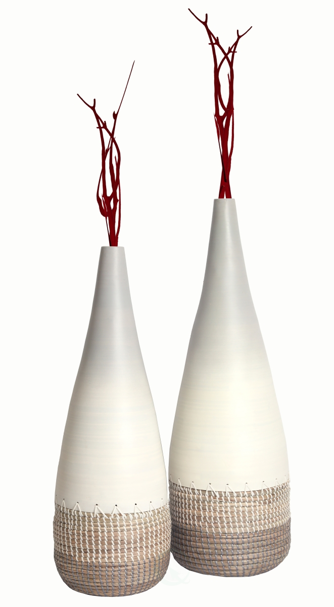 Spun Bamboo & Coiled Seagrass Patterned Vase, White - Set of 2