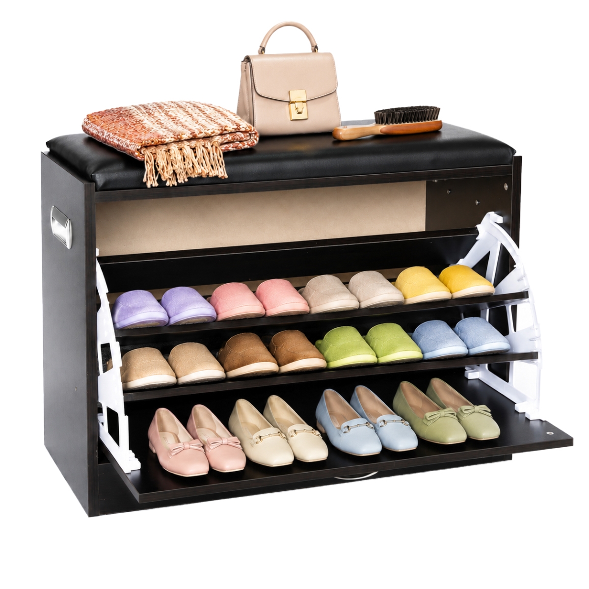Wooden Fold-Out Storage Bench with Leather Cushion Shoe Organizer, Black