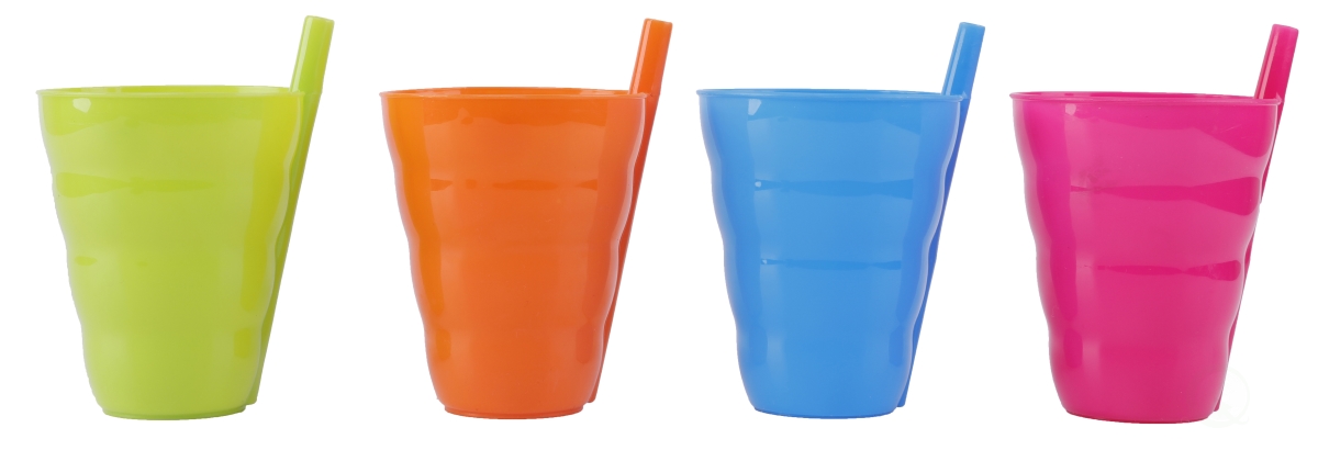 Picture of Basicwise QI003474S.4 3.3 x 4 in. 10 oz Reusable Plastic Cups with Straw&#44; Blue&#44; Pink&#44; Green & Orange - Set of 4