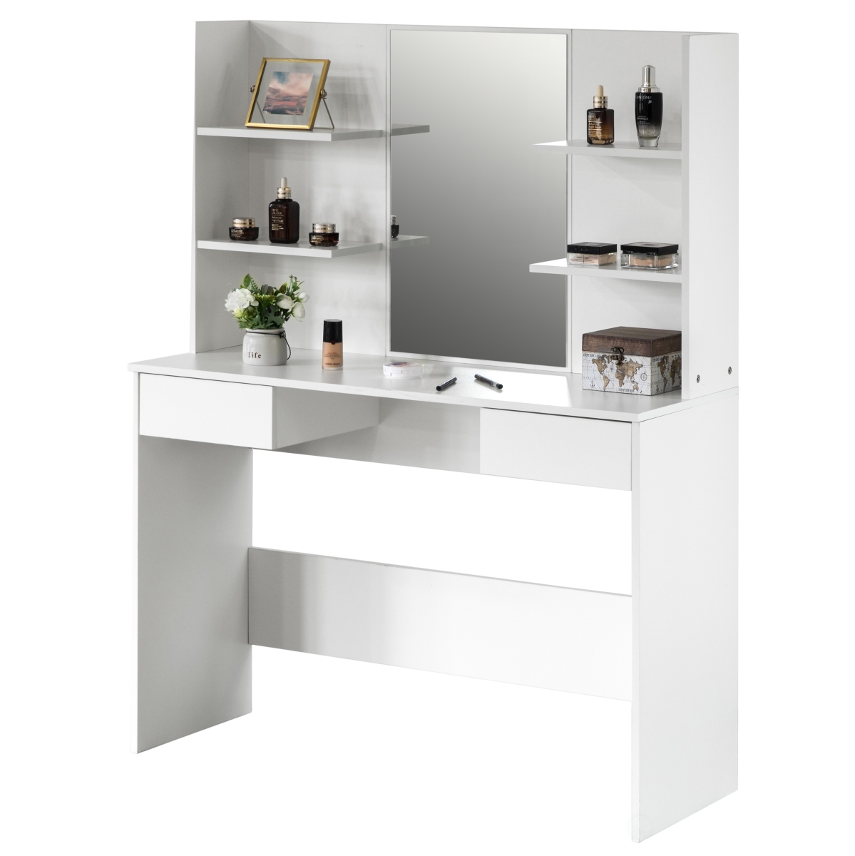 Picture of Basicwise QI004241L.WT White Modern Wooden Dressing Table with Drawer&#44; Mirror and Shelves for The Dining Room&#44; Entryway and Bedroom