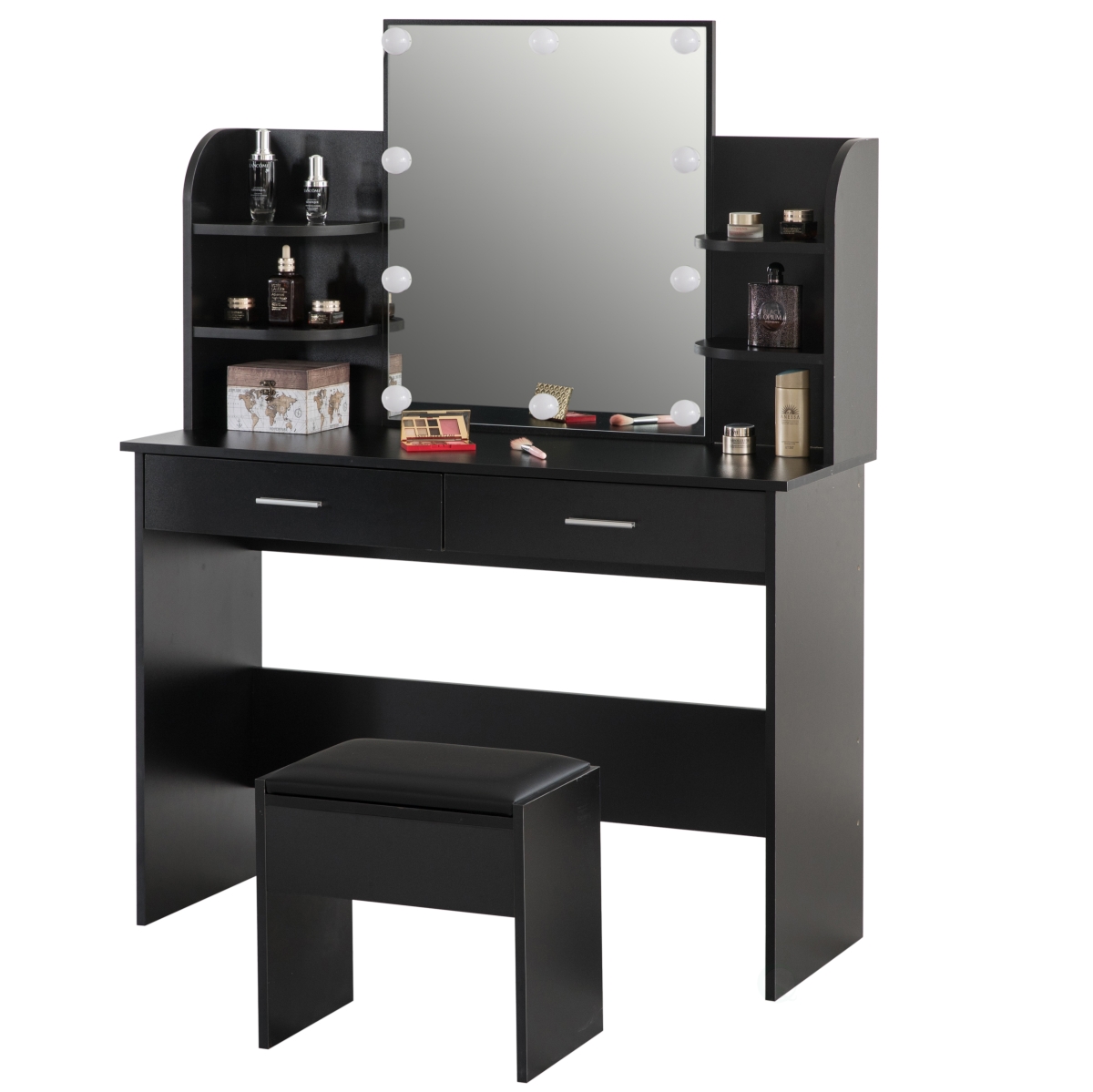 Picture of Basicwise QI004268L.BK Black Modern Wooden Vanity Dressing Table With Two Drawers&#44; Led Mirror and Stool