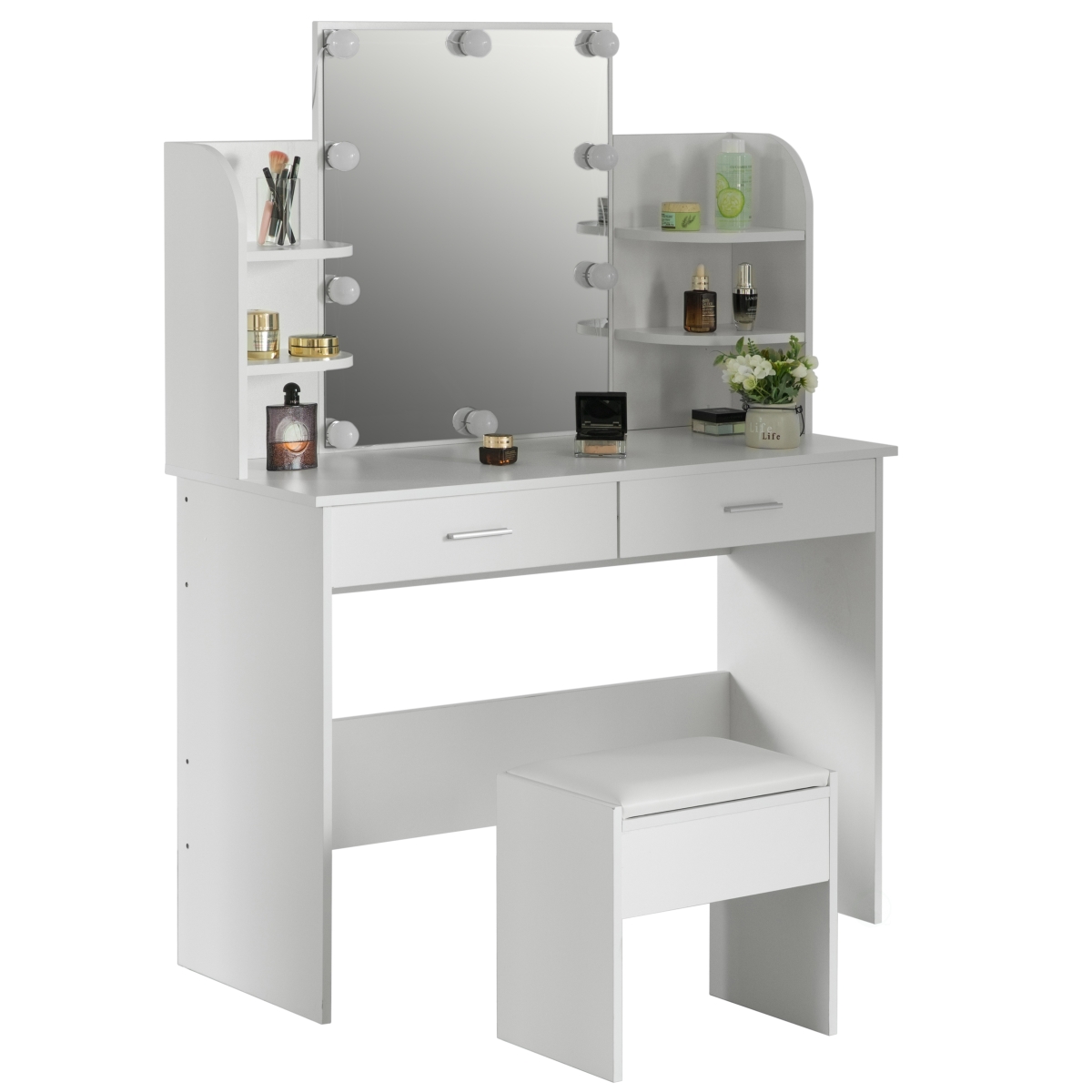 Picture of Basicwise QI004268L.WT White Modern Wooden Vanity Dressing Table With Two Drawers&#44; Led Mirror and Stool