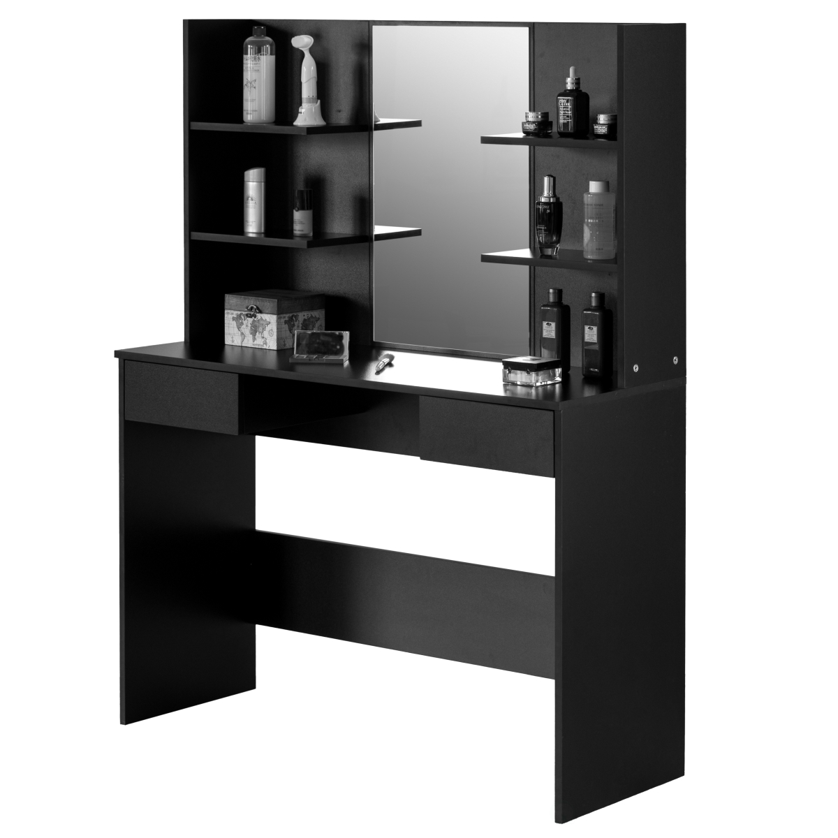 Picture of Basicwise QI004241L.BK Black Modern Wooden Dressing Table with Drawer&#44; Mirror and Shelves for The Dining Room&#44; Entryway and Bedroom