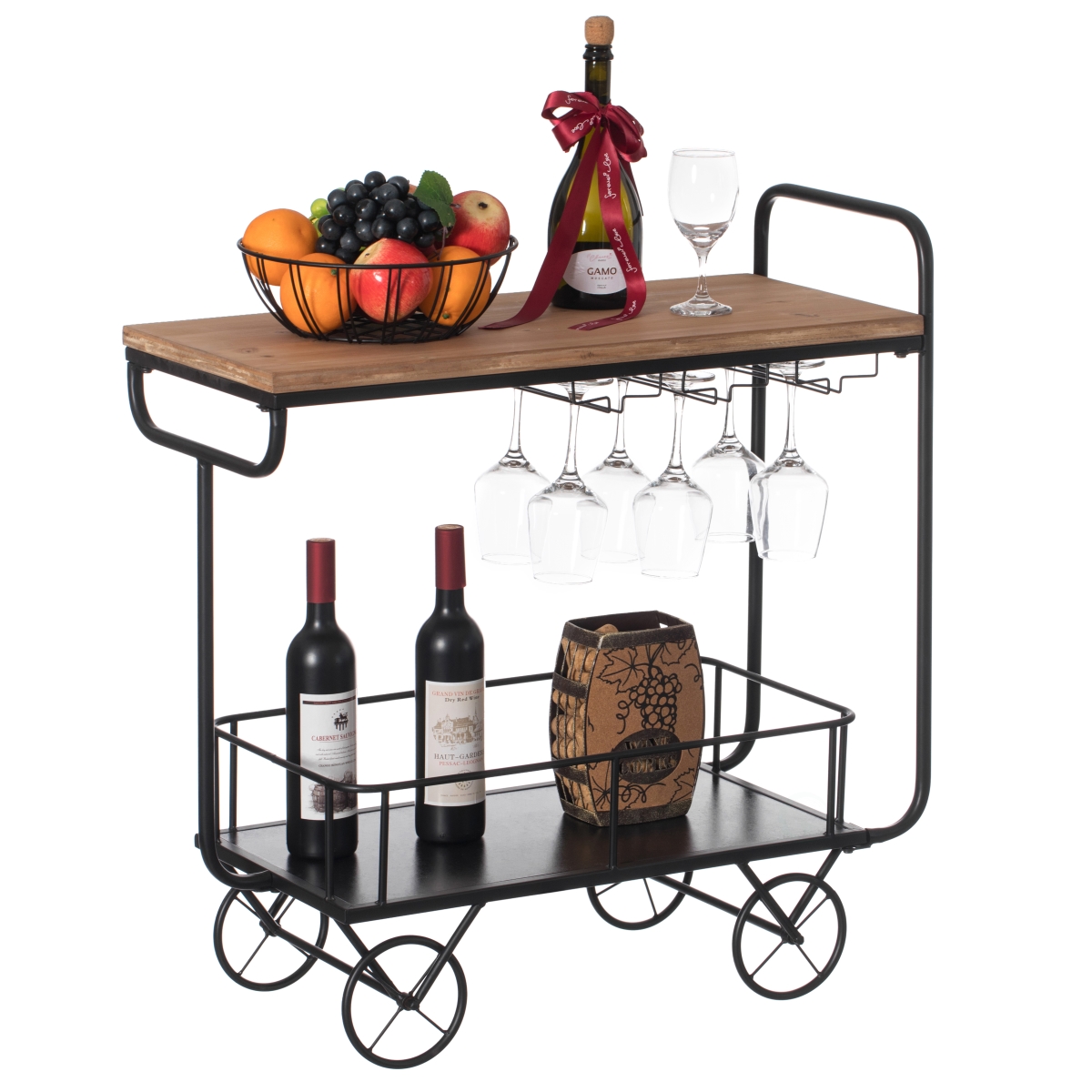 QI004280 Metal Wine Bar Serving Cart with Rolling Wheels, Glass Holder, and Wine Rack -  Vintiquewise