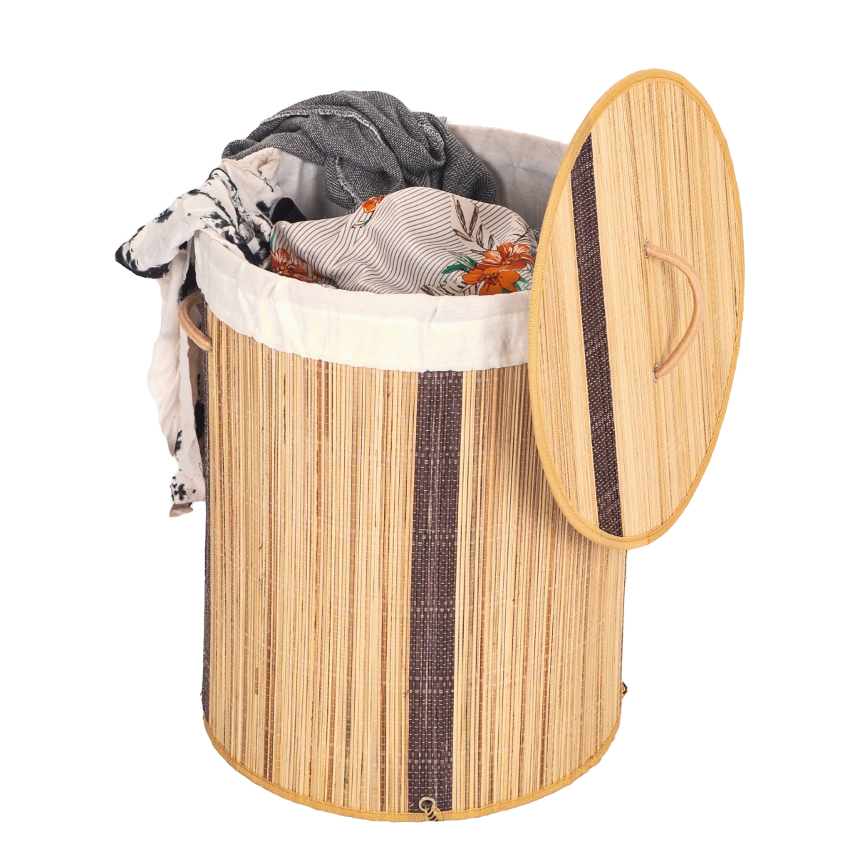 Round Foldable Coconut Stick Laundry Hamper with Lid and Handles for Easy Carrying