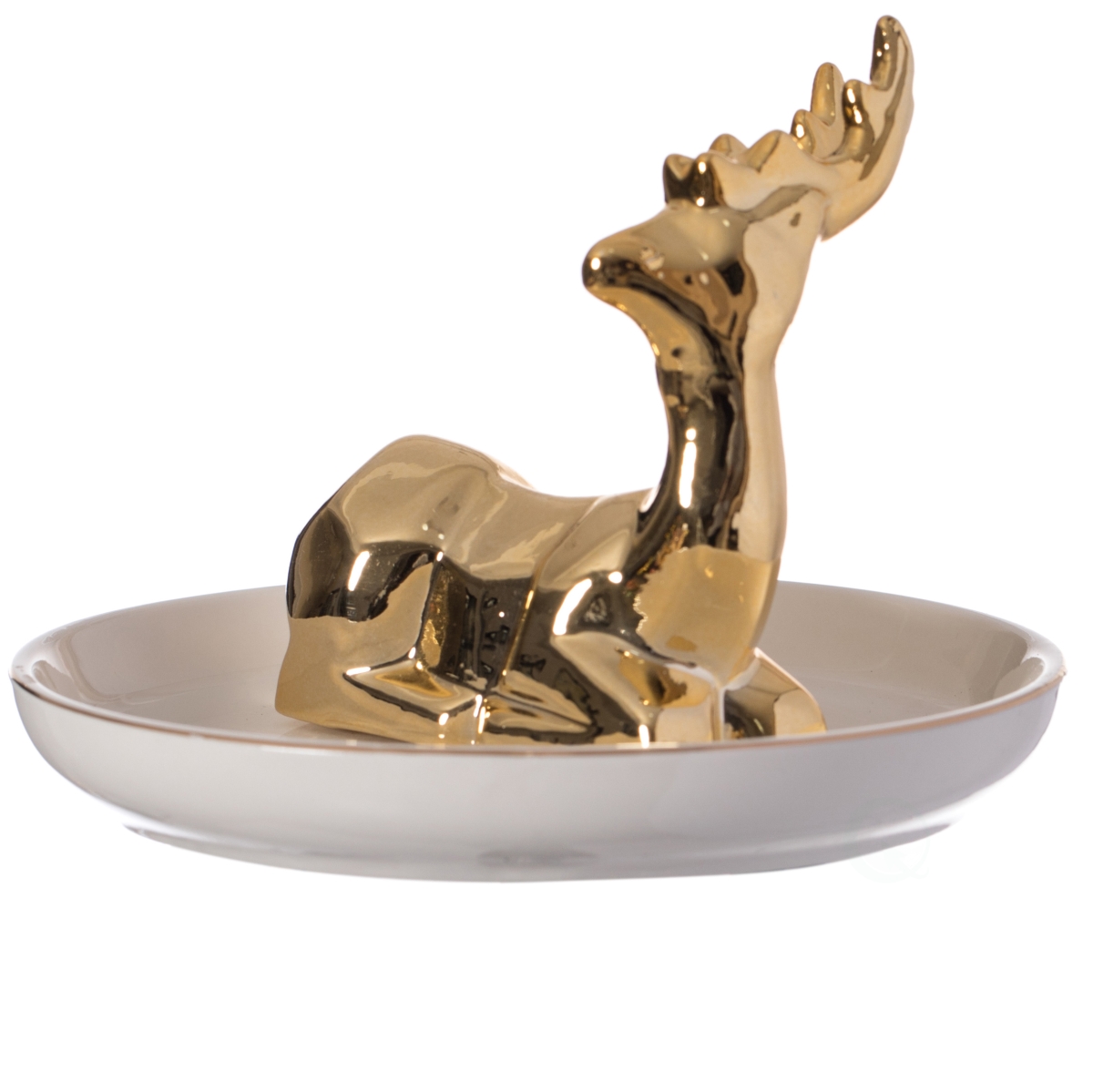 Modern Ceramic Trinket Dish Accent Plate Jewelry Holder White Plate and Gold Deer