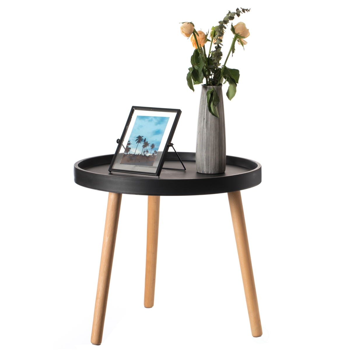 Modern Plastic Round Side Table Accent Coffee Table with Beech Wood Legs, Black