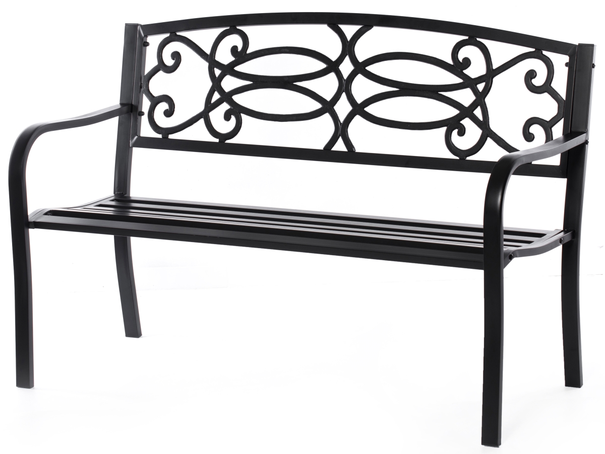 Black Outdoor Steel Park Bench Cast Iron Scrollwork Backrest Garden Lawn Decor
