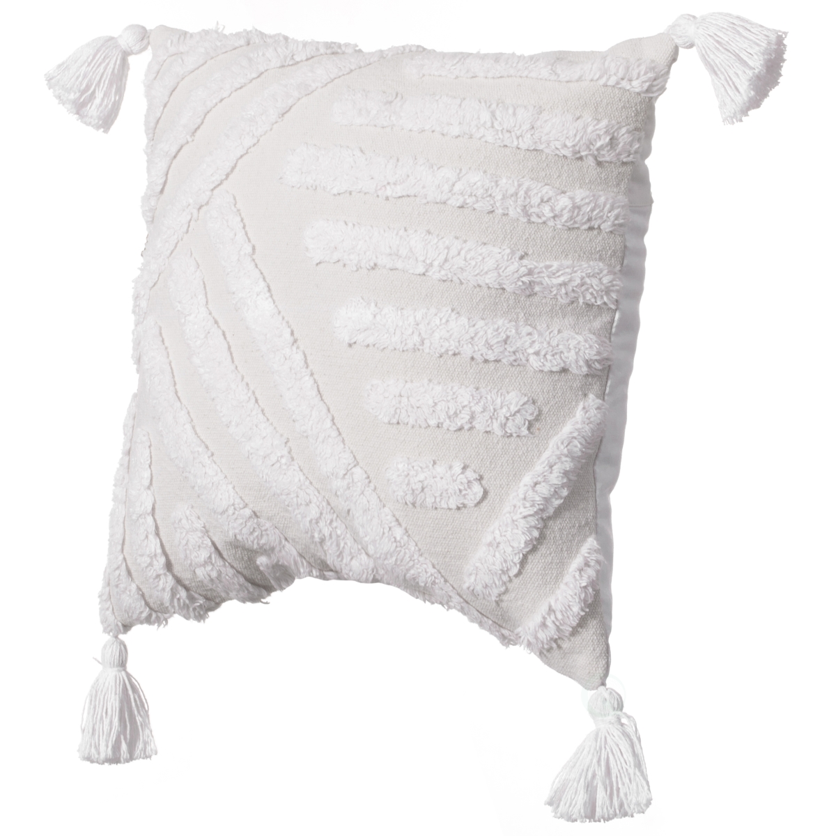 16' Handwoven Cotton Throw Pillow Cover with White Tufted Line Pattern and Tassel Corners, White