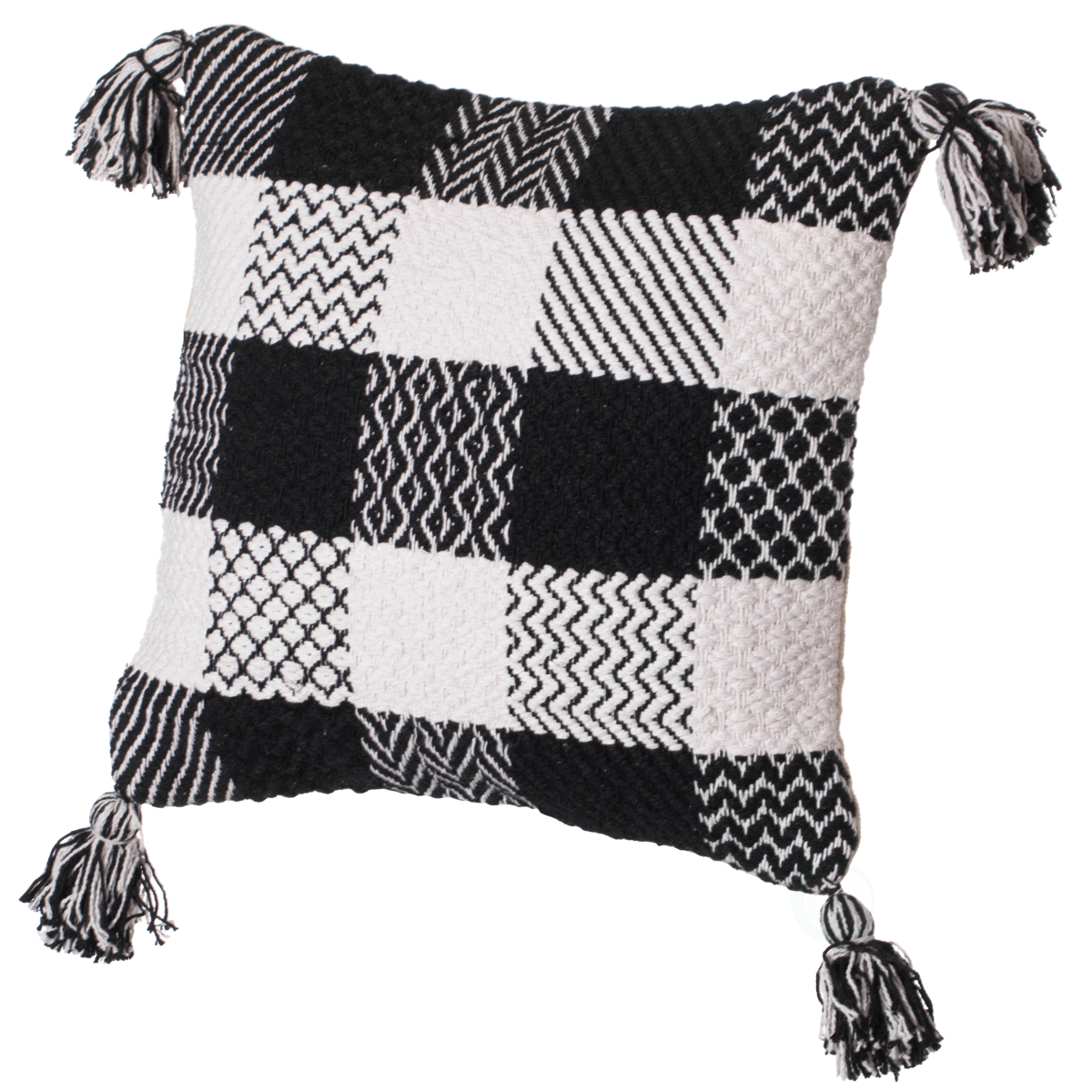 QI004302.GM 16' Handwoven Cotton Throw Pillow Cover with Patterned Gingham Design and Tasseled Corners , Black & White