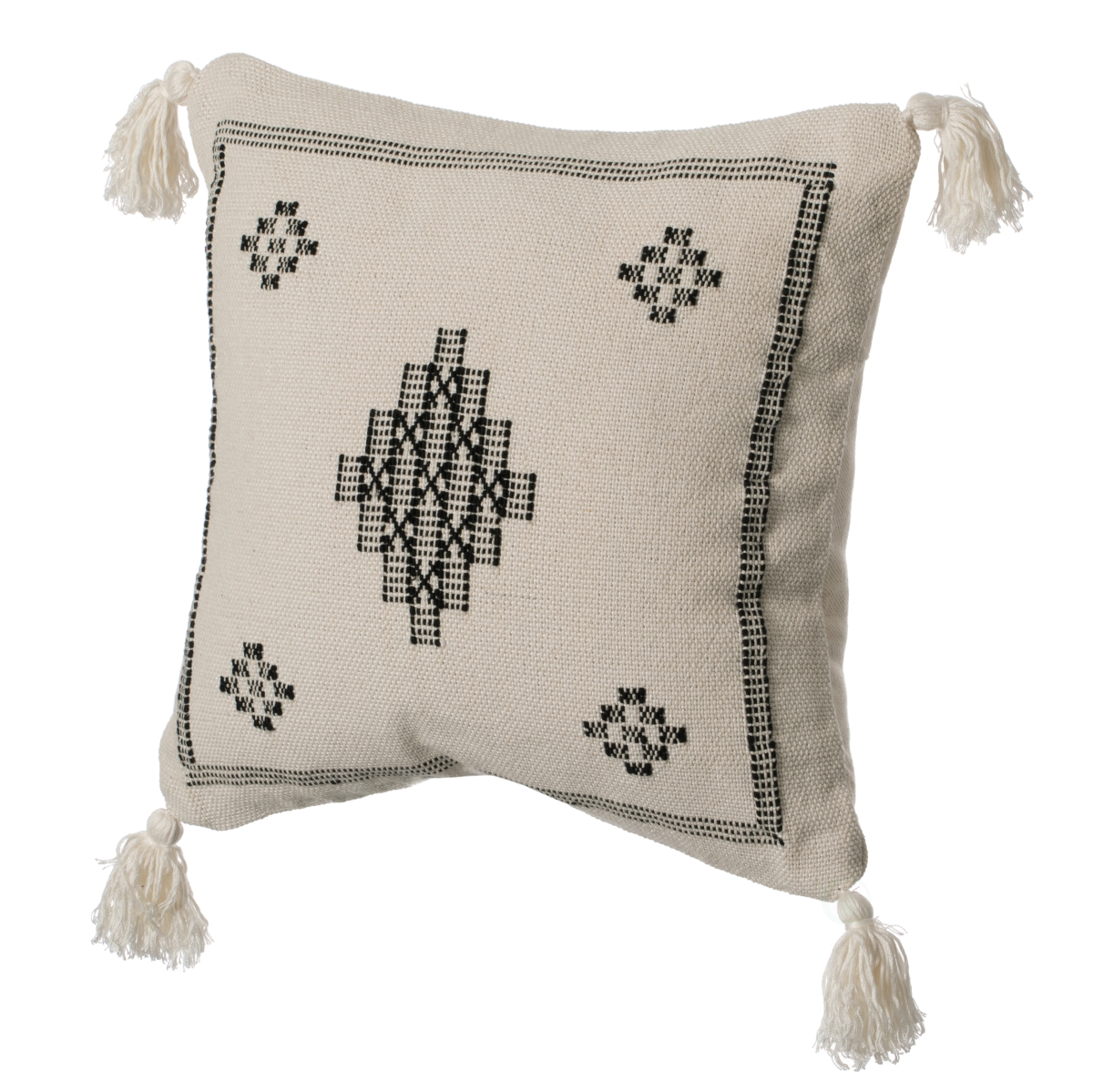 QI004298.BK.K 16' Throw Pillow Cover with Southwest Tribal Pattern and Corner Tassels with Filler, Black & White