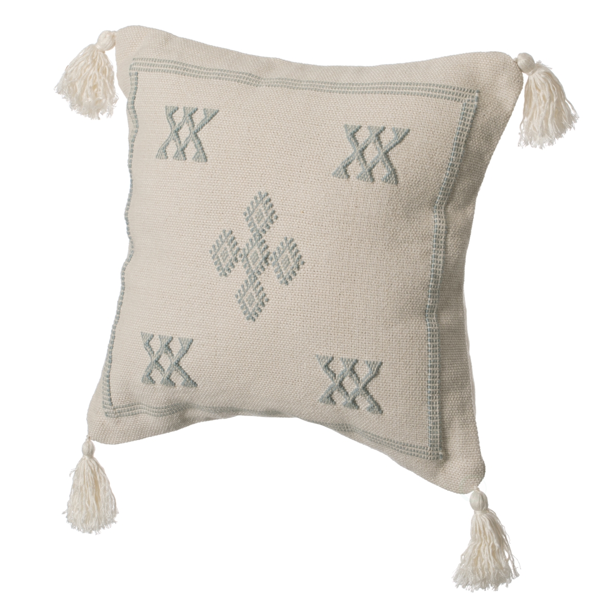 16' Throw Pillow Cover with Southwest Tribal Pattern and Corner Tassels, Grey & White