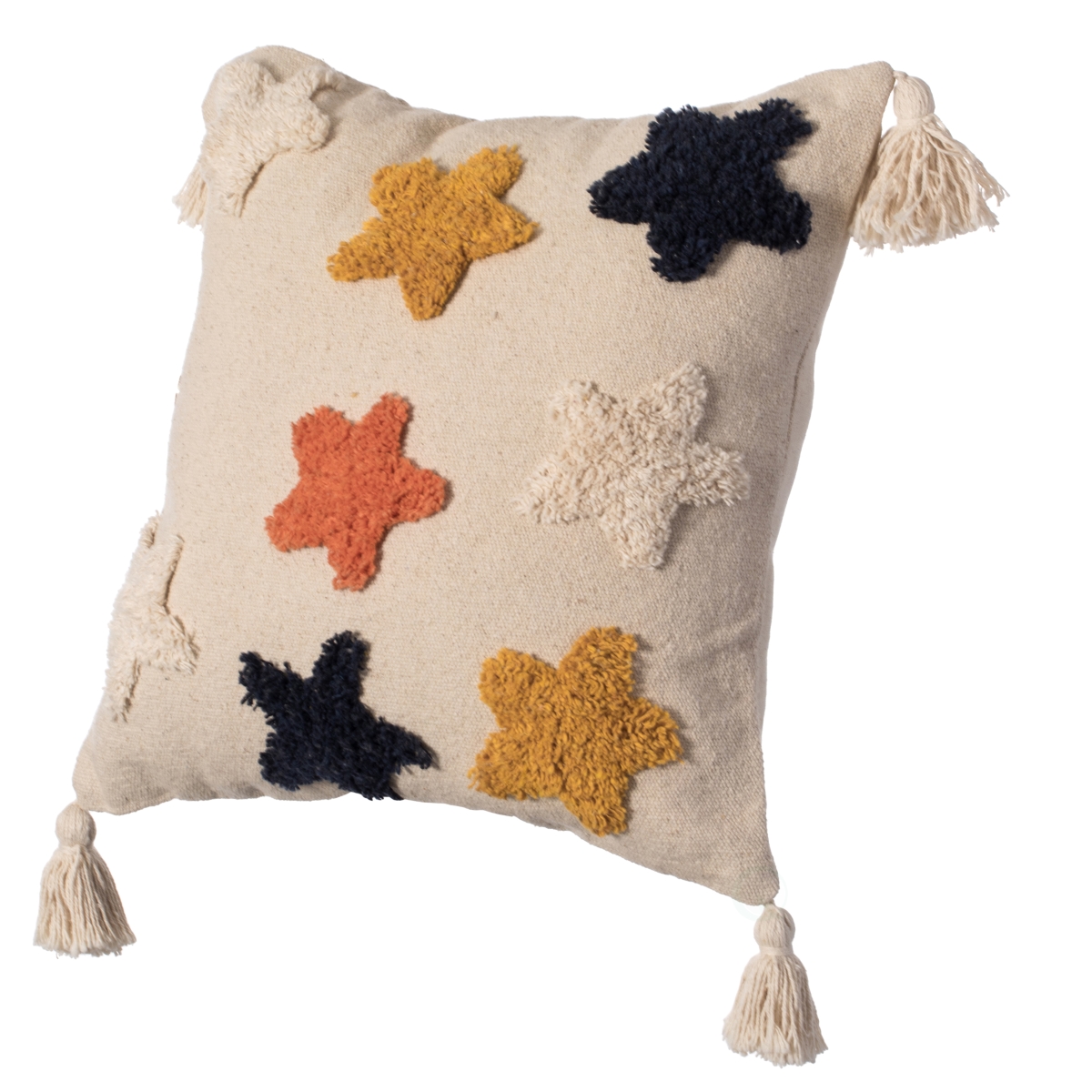 16' Handwoven Cotton Throw Pillow Cover with Tufted Star Pattern and Side Tassels, Multicolor