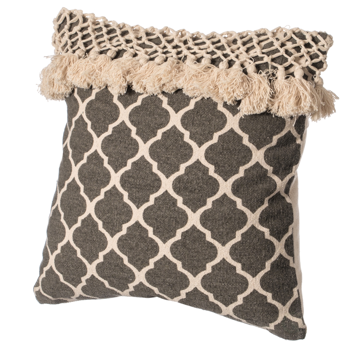 16' Handwoven Cotton Throw Pillow Cover with Ogee Pattern and Tasseled Top, Charcoal