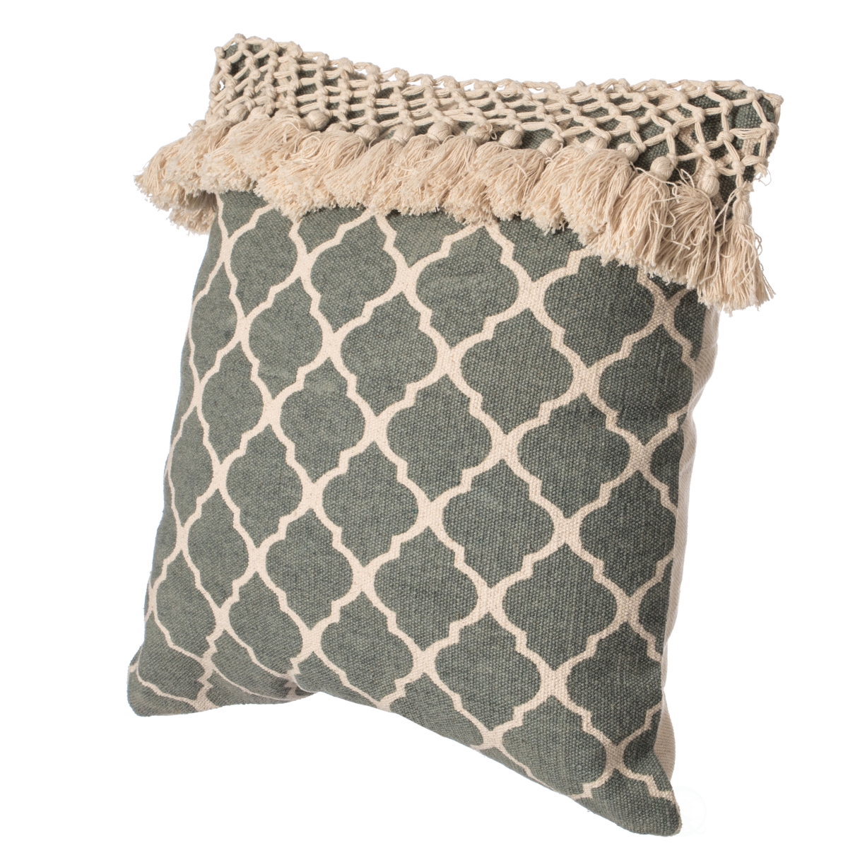 16' Handwoven Cotton Throw Pillow Cover with Ogee Pattern and Tasseled Top, Green