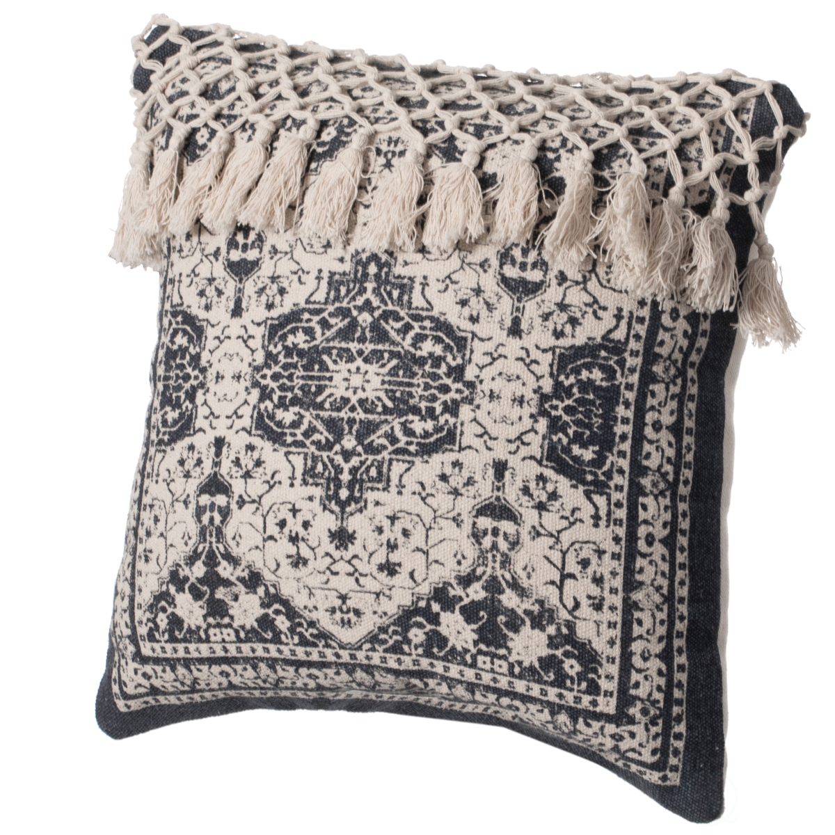16' Handwoven Cotton Throw Pillow Cover with Traditional Pattern and Tasseled Top, Navy