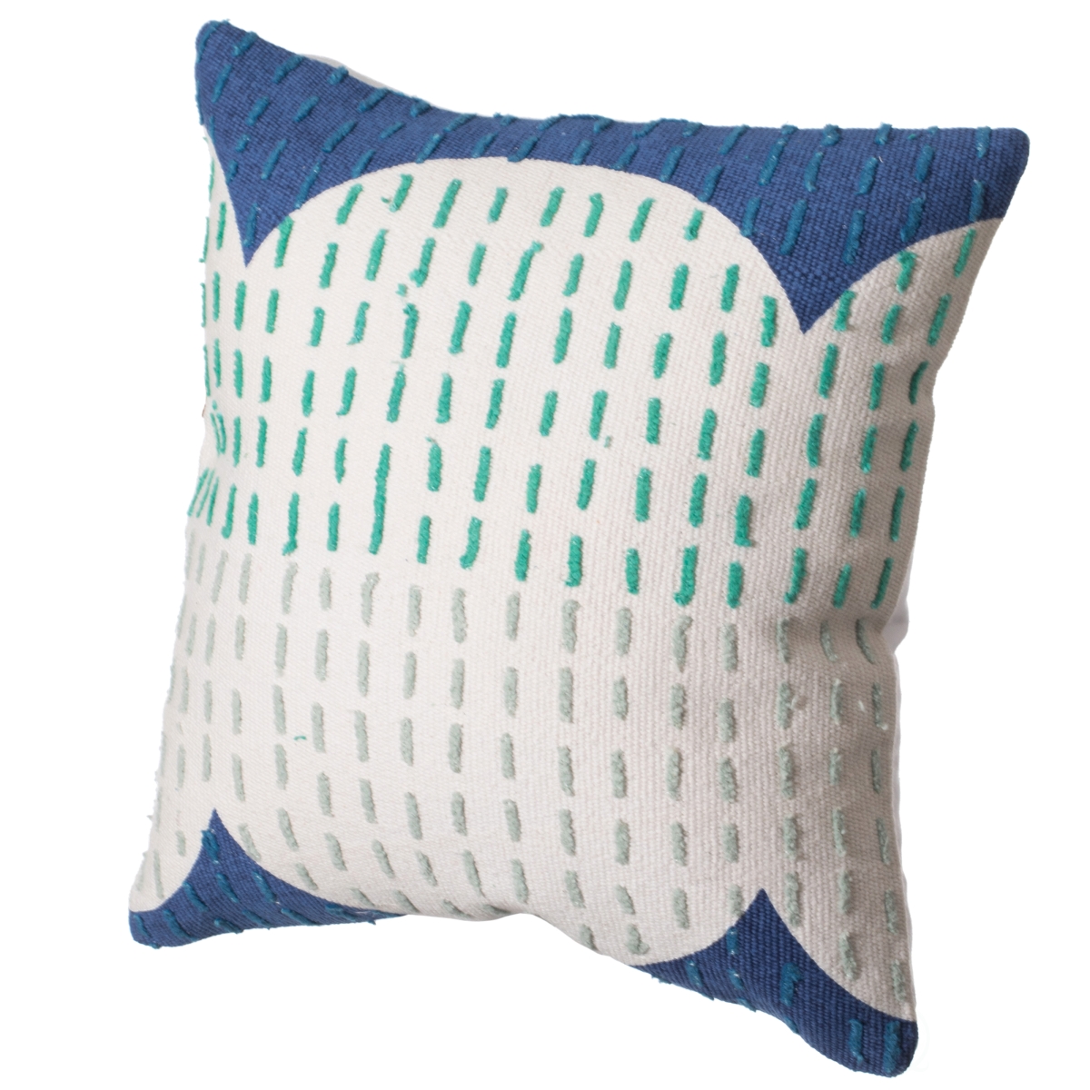 16' Handwoven Cotton Throw Pillow Cover with Ribbed Line Dots and Wave Border, Blue